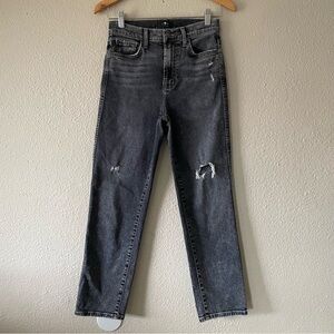 7 For All Mankind High Waist Cropped Straight Jeans Womens 26 Faded Black Ripped